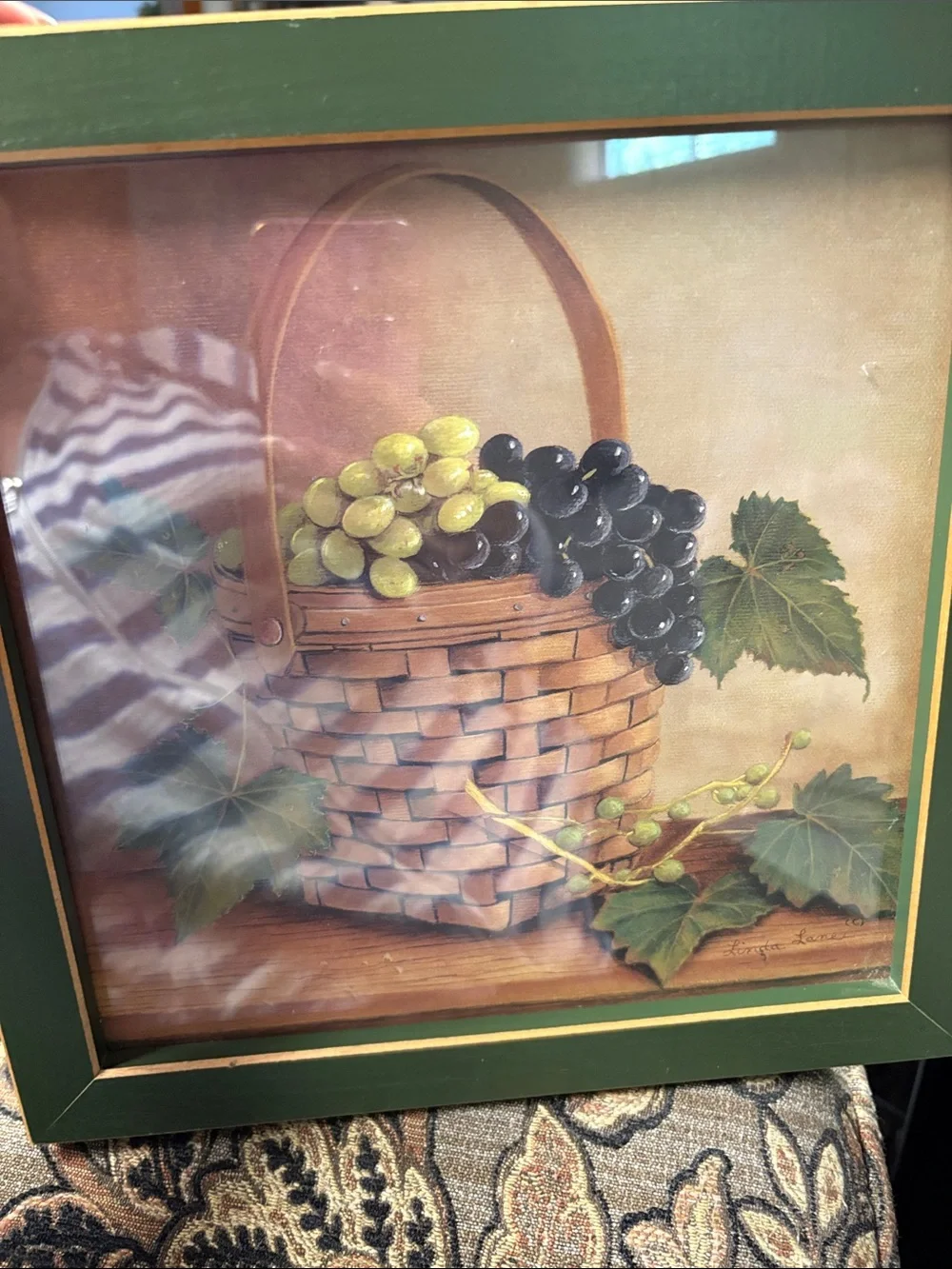 Framed Green-Bordered Basket of Grapes Wall Art signed